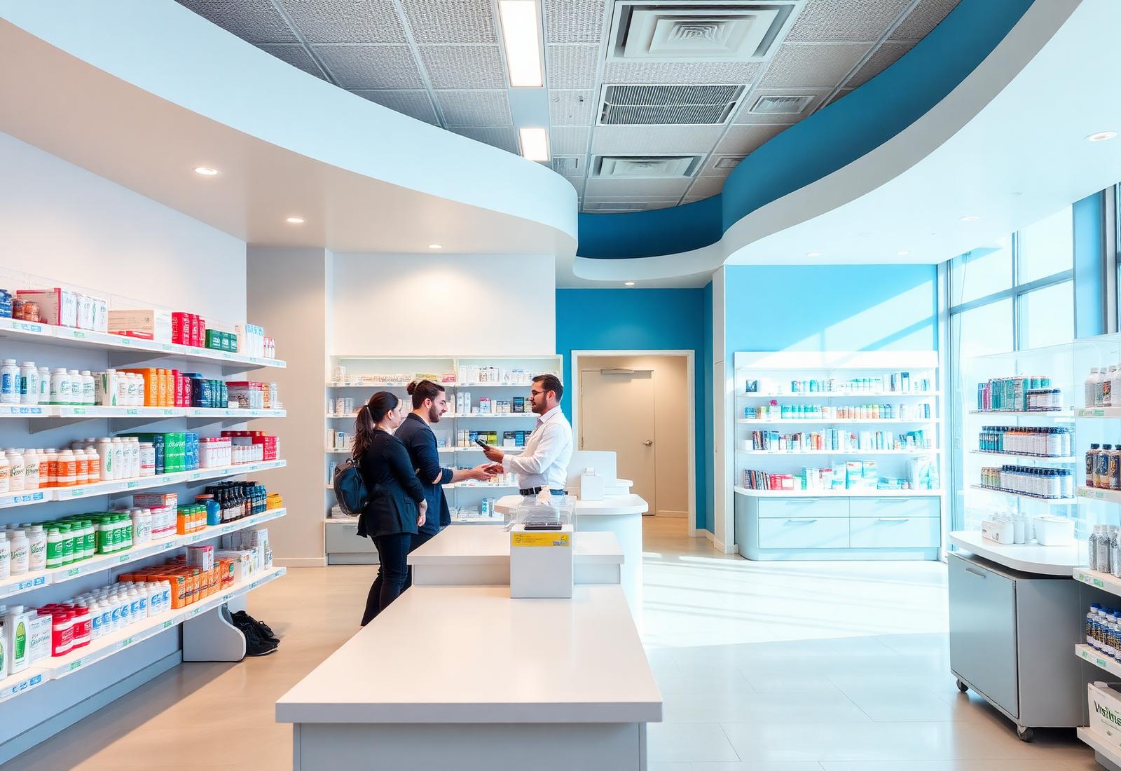 Interior moderno da Farmacia Master Popular